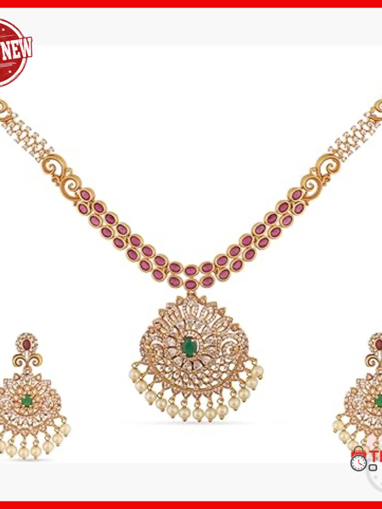 Gold Plated Brass Antique Cz Necklace Earrings Set Traditional Indian Jewelry
